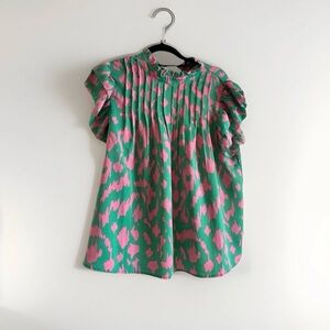 THML Green and Pink Ruffle Sleeve Blouse